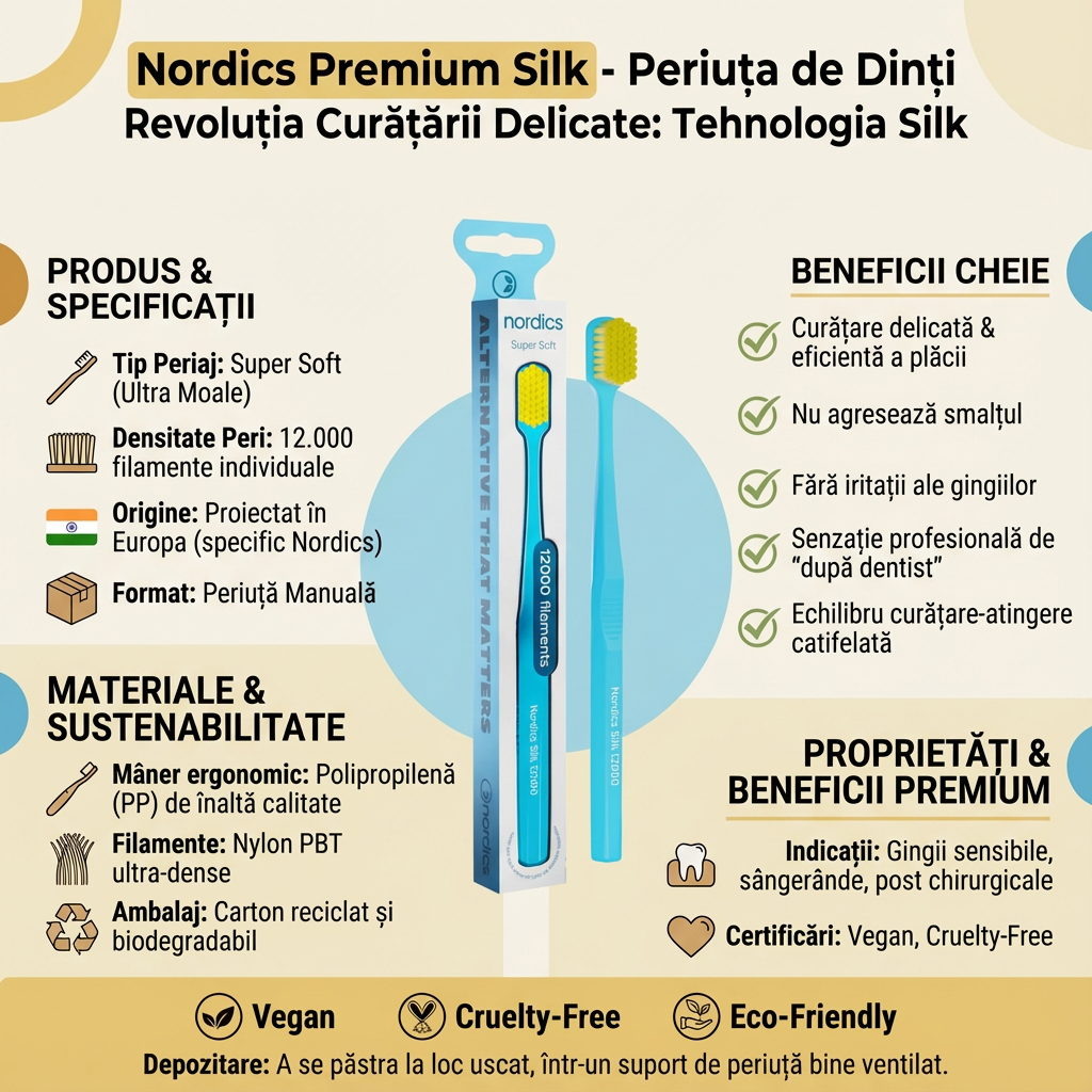 Periuță de Dinți Nordics Premium Silk Albastră - 12000 Filamente Super Soft pentru Gingii Sensibile 4