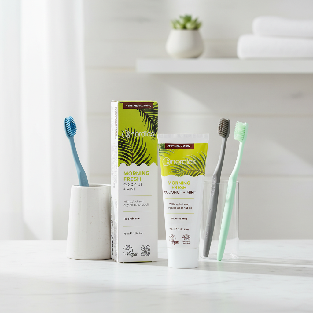 Pastă de Dinți Naturală Nordics Morning Fresh cu Cocos și Mentă - Fără Fluor, Certificată Organic, 75ml 2