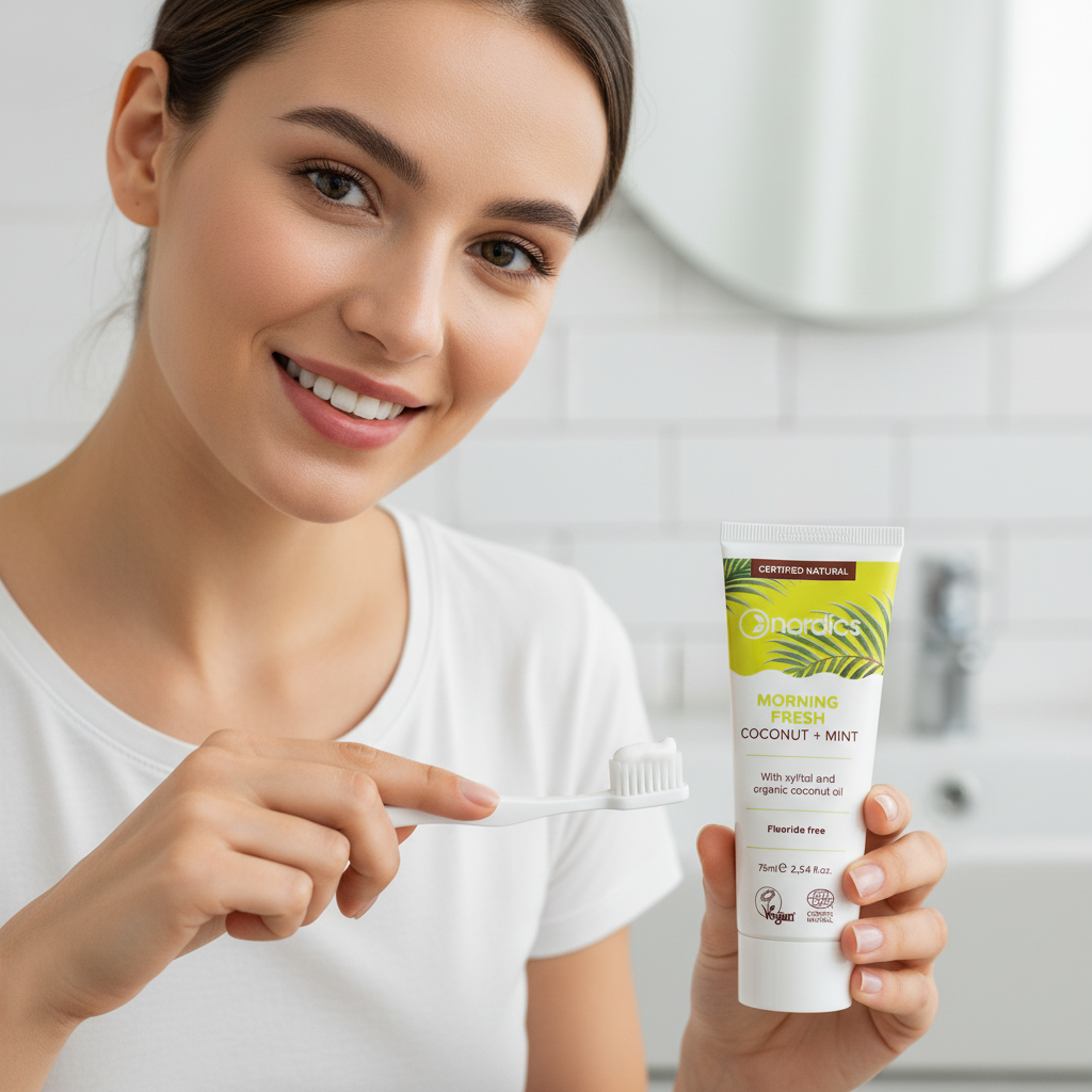 Pastă de Dinți Naturală Nordics Morning Fresh cu Cocos și Mentă - Fără Fluor, Certificată Organic, 75ml 3