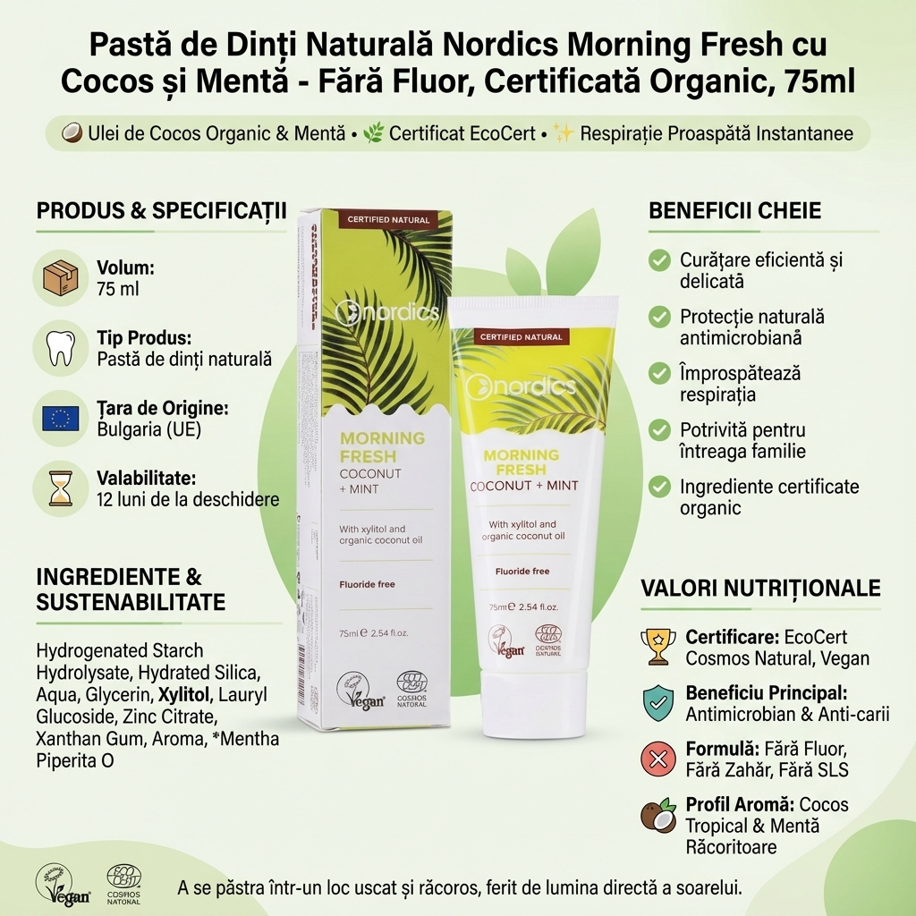 Pastă de Dinți Naturală Nordics Morning Fresh cu Cocos și Mentă - Fără Fluor, Certificată Organic, 75ml 4
