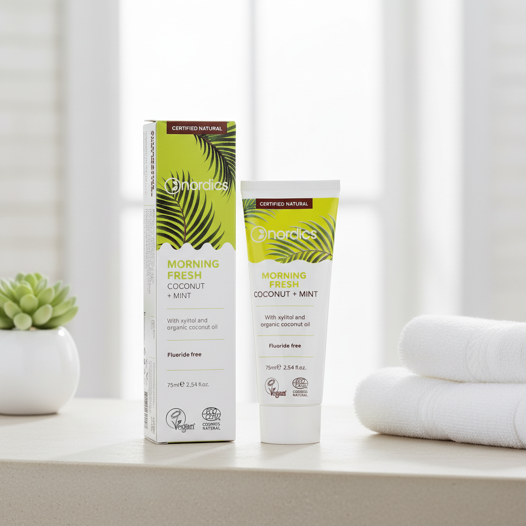 Pastă de Dinți Naturală Nordics Morning Fresh cu Cocos și Mentă - Fără Fluor, Certificată Organic, 75ml