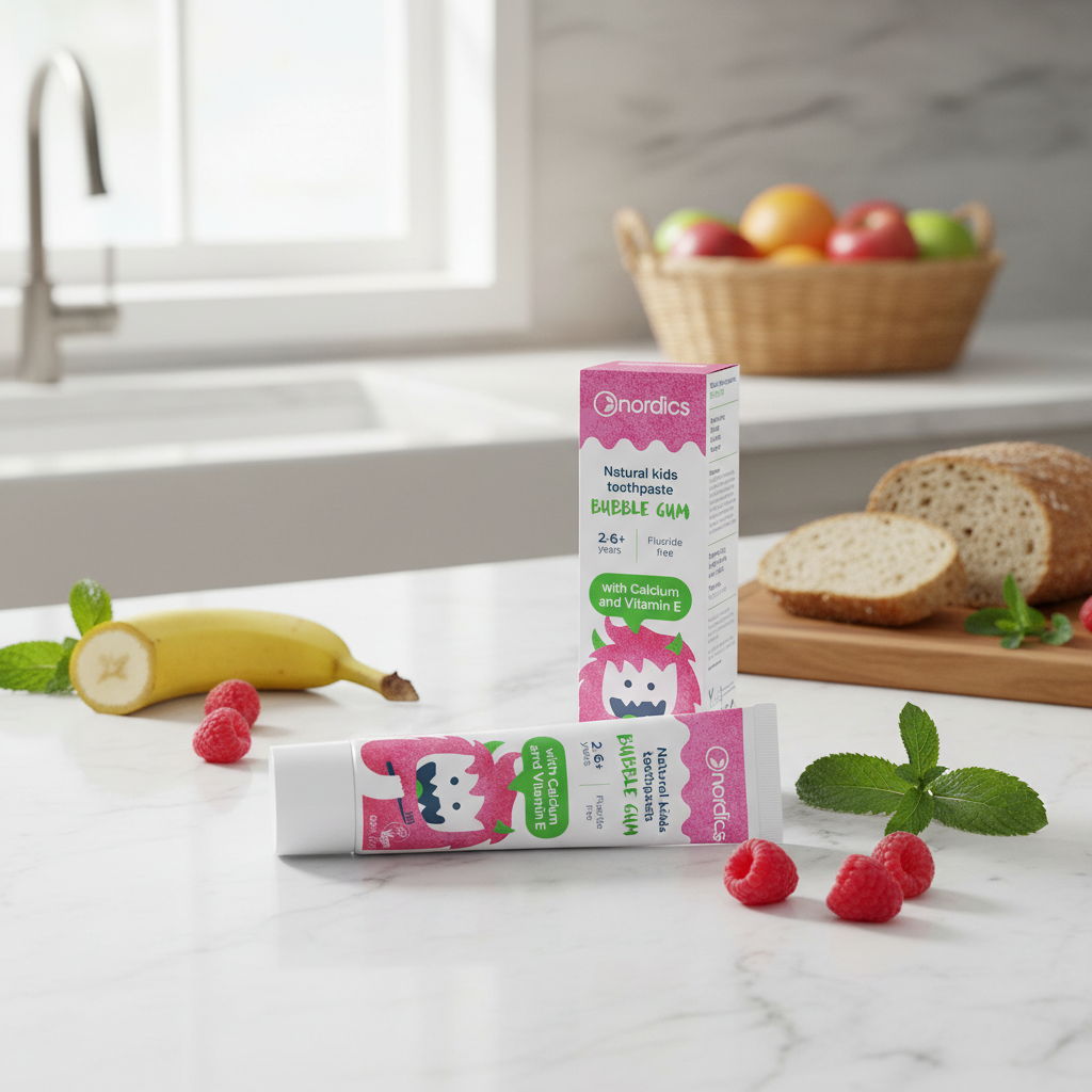 Pastă de Dinți Naturală pentru Copii Nordics – Aromă Bubble Gum, Fără Fluor, 50ml 2