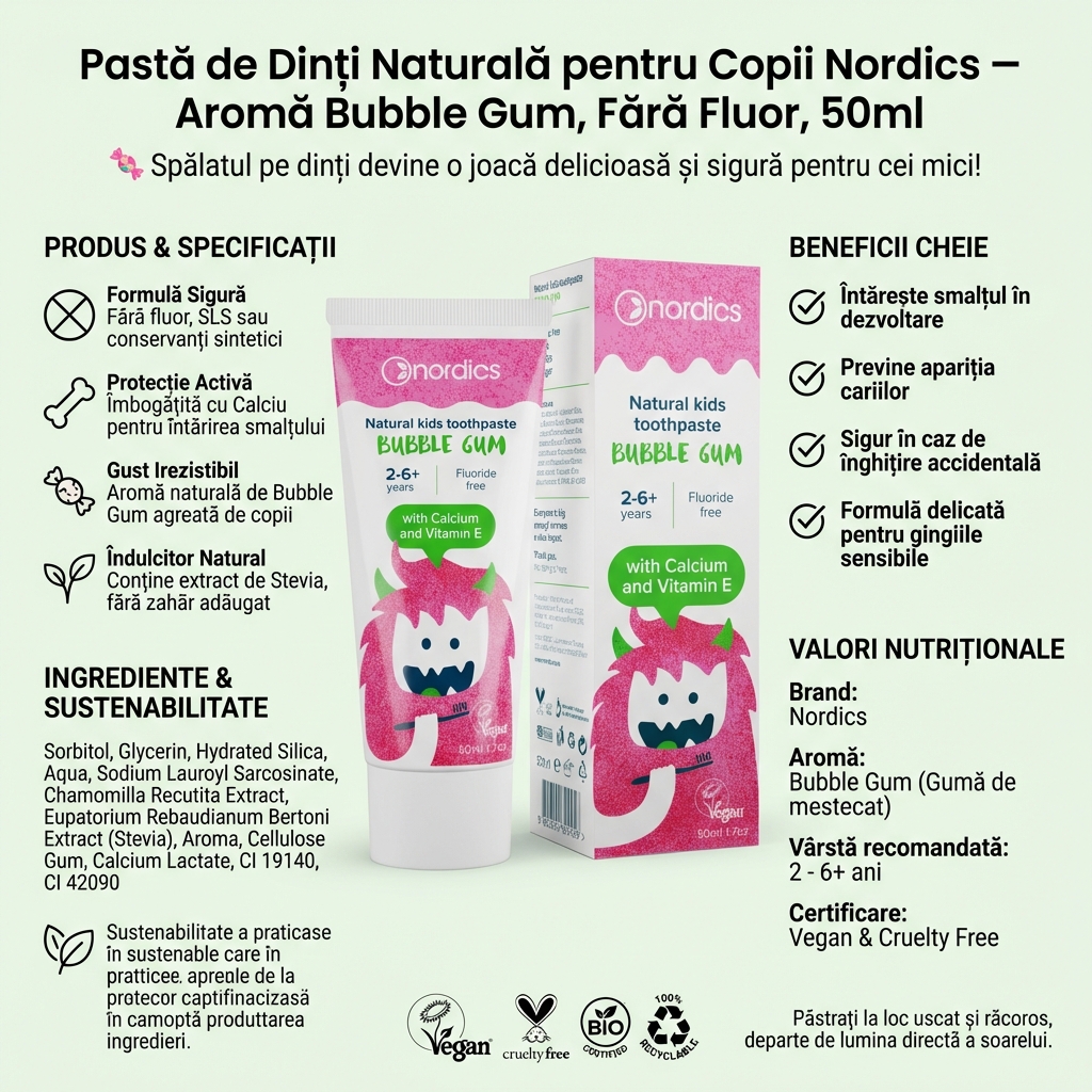 Pastă de Dinți Naturală pentru Copii Nordics – Aromă Bubble Gum, Fără Fluor, 50ml 4