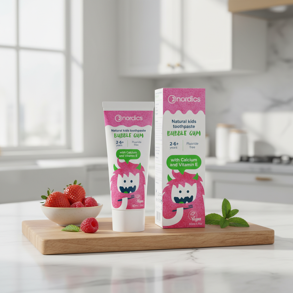 Pastă de Dinți Naturală pentru Copii Nordics – Aromă Bubble Gum, Fără Fluor, 50ml