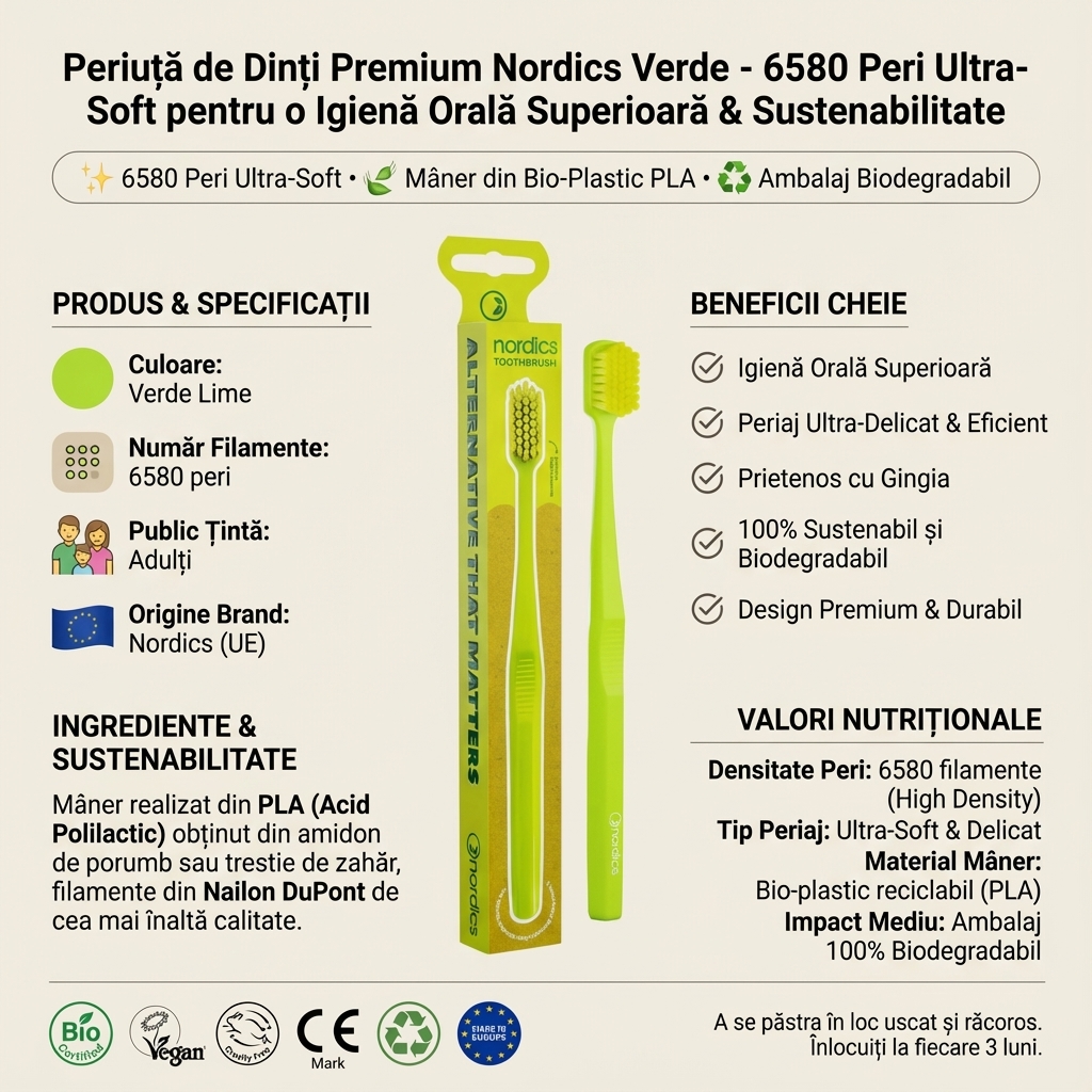 Periuță de Dinți Premium Nordics Verde - 6580 Peri Ultra-Soft pentru o Igienă Orală Superioară & Sustenabilitate 4