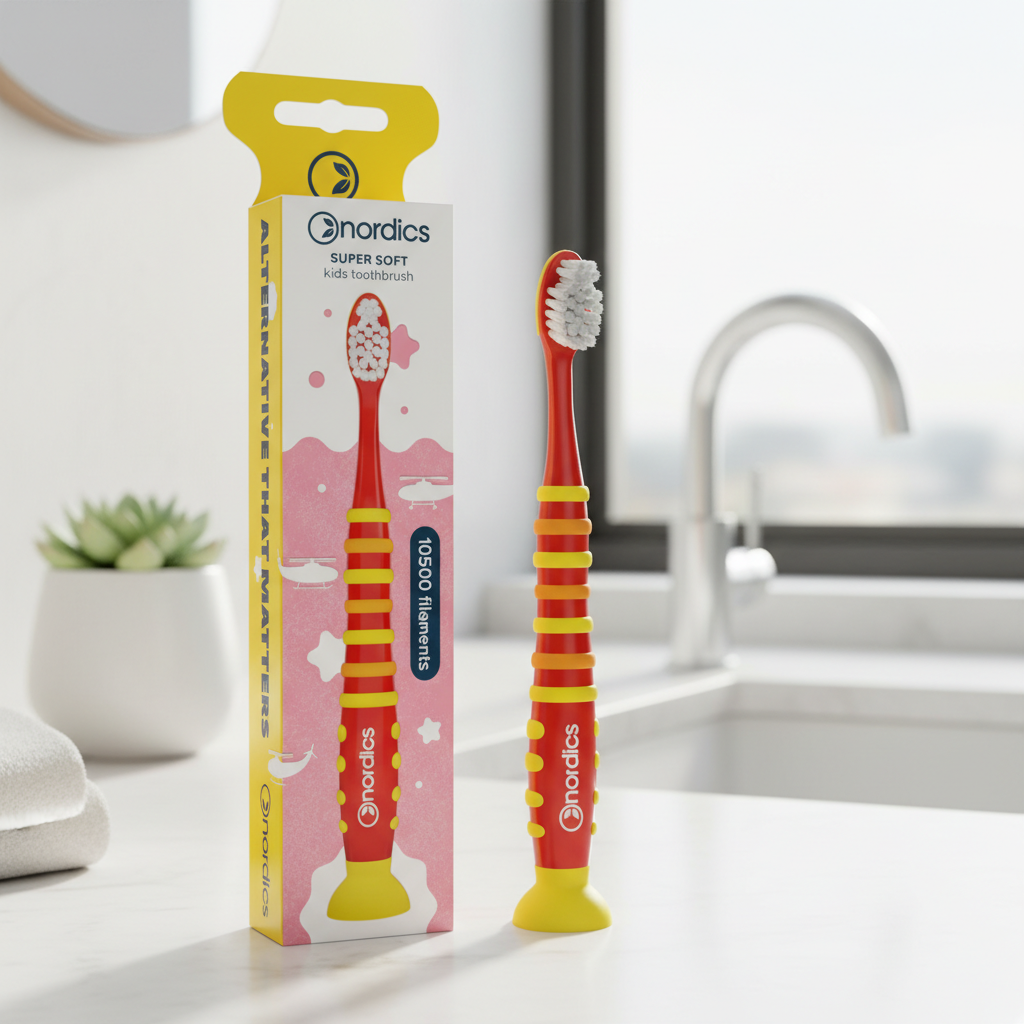 Periuță de Dinți Premium pentru Copii Nordics cu 10500 Filamente Ultra-Fine, Super Soft, +4 Ani, Roșu 2
