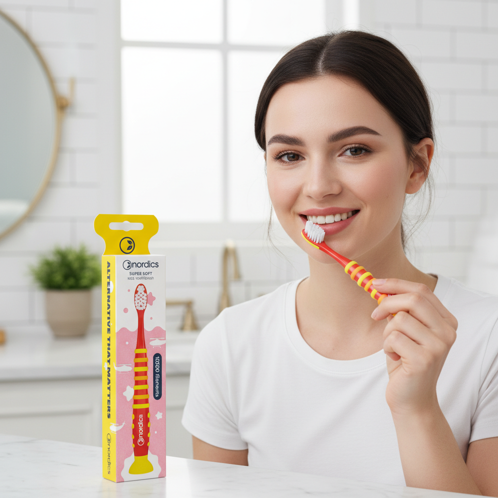 Periuță de Dinți Premium pentru Copii Nordics cu 10500 Filamente Ultra-Fine, Super Soft, +4 Ani, Roșu 3