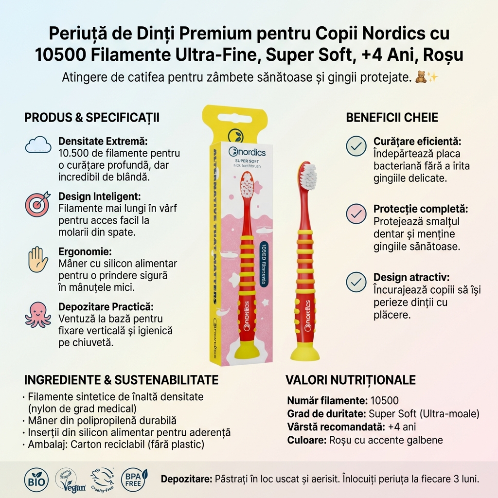 Periuță de Dinți Premium pentru Copii Nordics cu 10500 Filamente Ultra-Fine, Super Soft, +4 Ani, Roșu 4