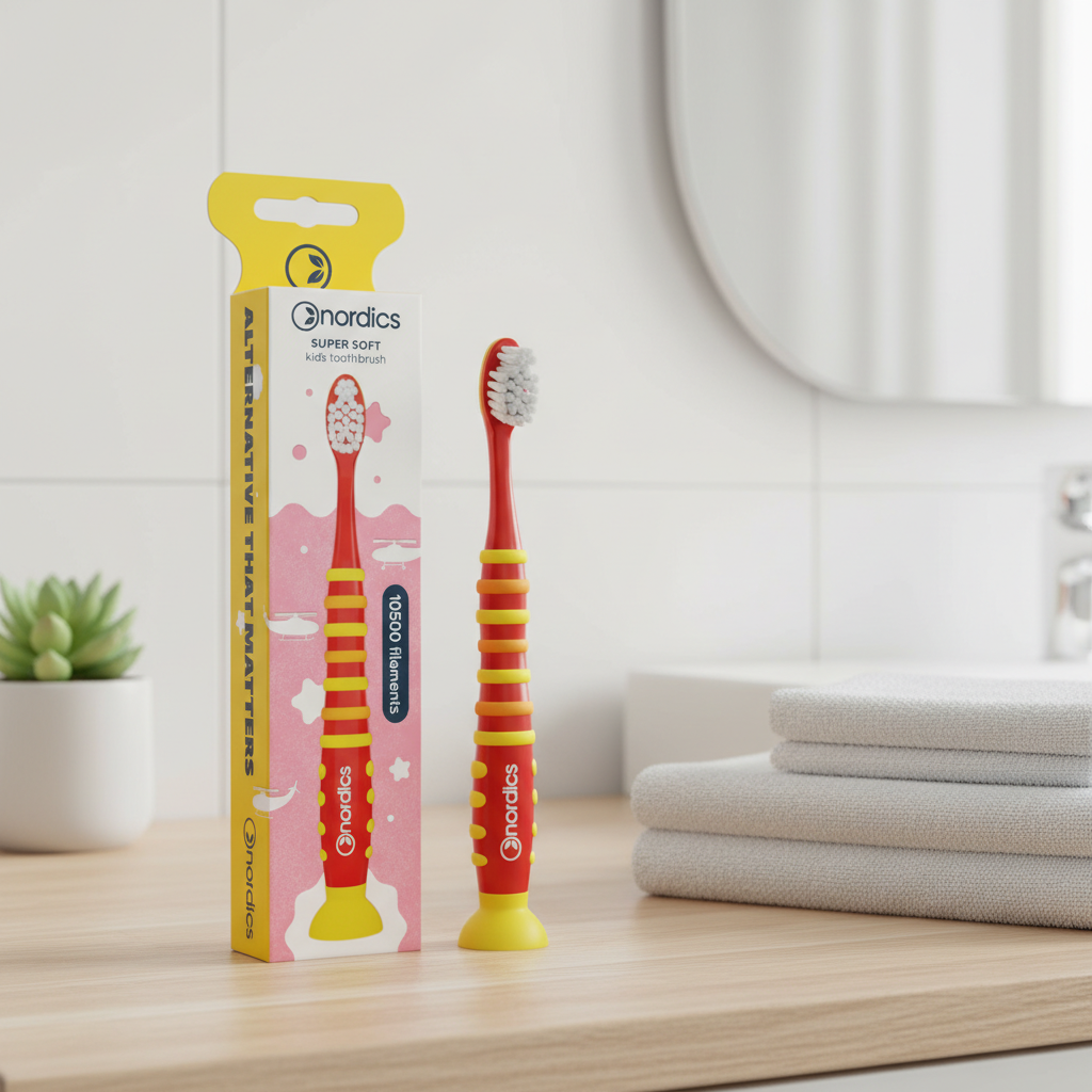 Periuță de Dinți Premium pentru Copii Nordics cu 10500 Filamente Ultra-Fine, Super Soft, +4 Ani, Roșu