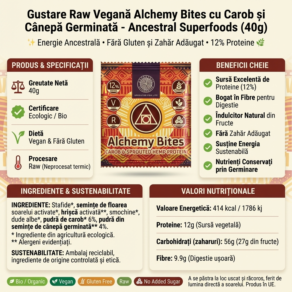 Gustare Raw Vegană Alchemy Bites cu Carob și Cânepă Germinată - Ancestral Superfoods (40g) 4