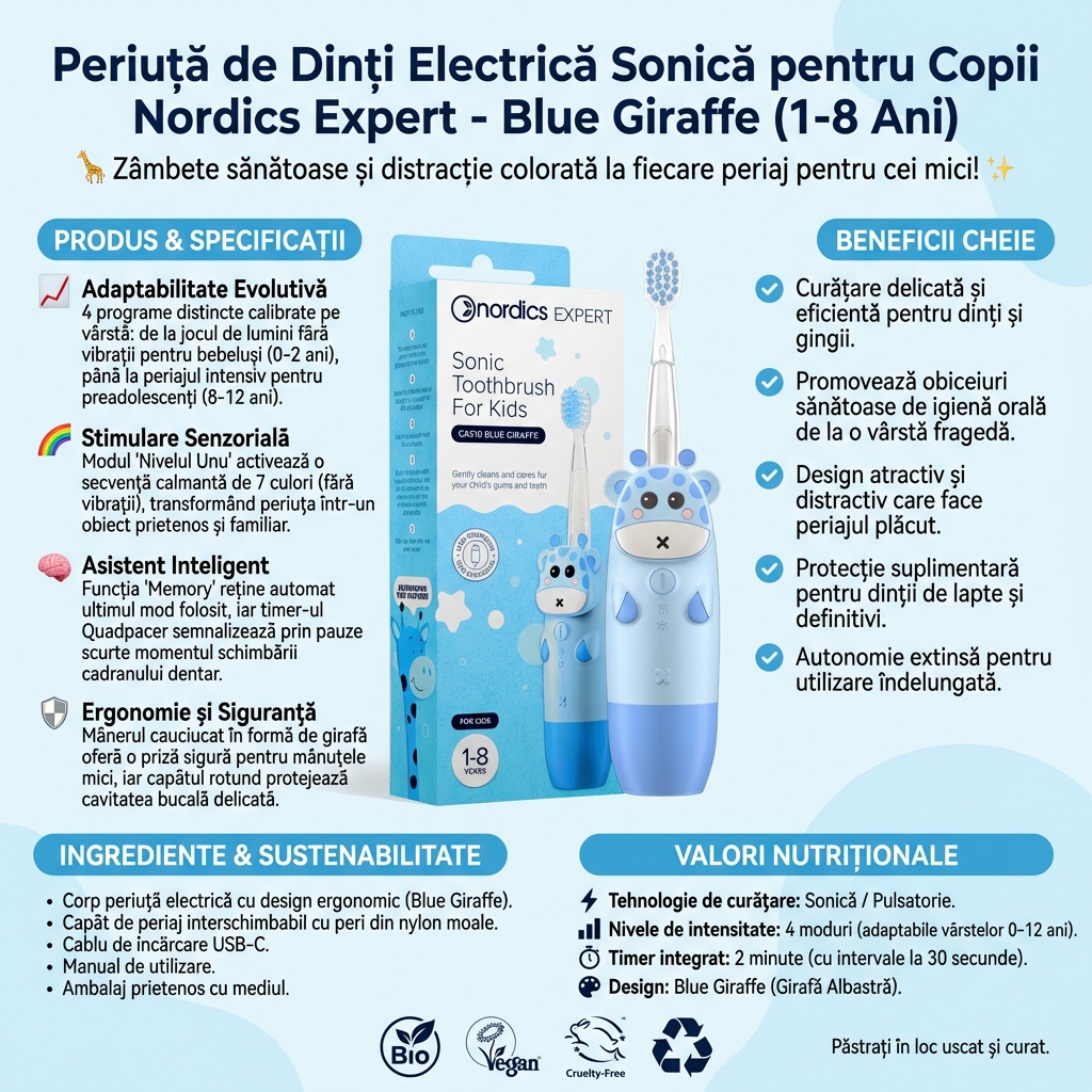 Periuță de Dinți Electrică Sonică pentru Copii Nordics Expert - Blue Giraffe (1-8 Ani) 4