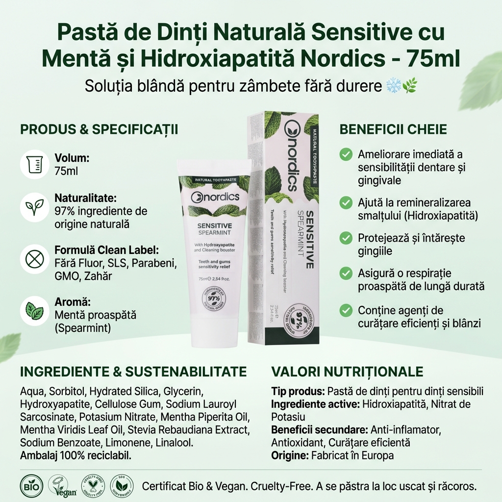 Pastă de Dinți Naturală Sensitive cu Mentă și Hidroxiapatită Nordics - 75ml 4