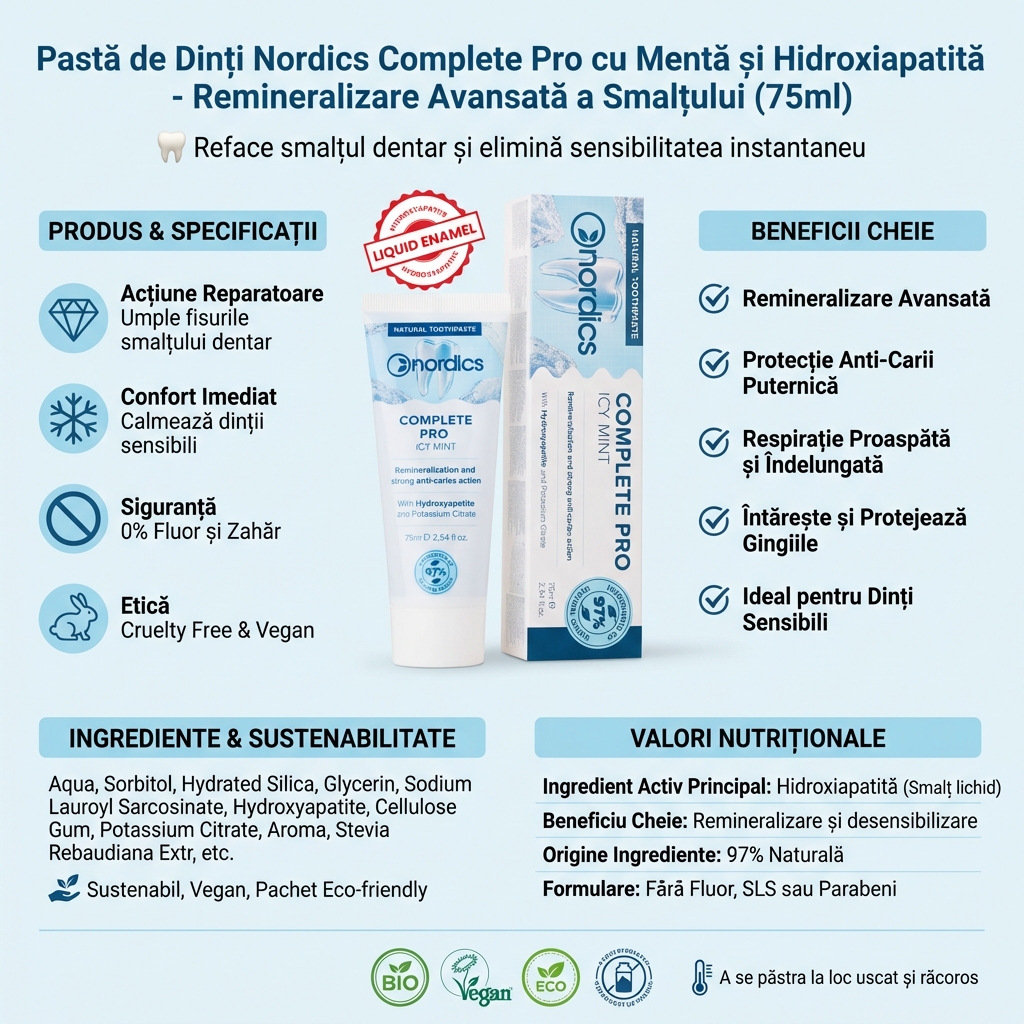 Pastă de Dinți Nordics Complete Pro cu Mentă și Hidroxiapatită - Remineralizare Avansată a Smalțului (75ml) 3