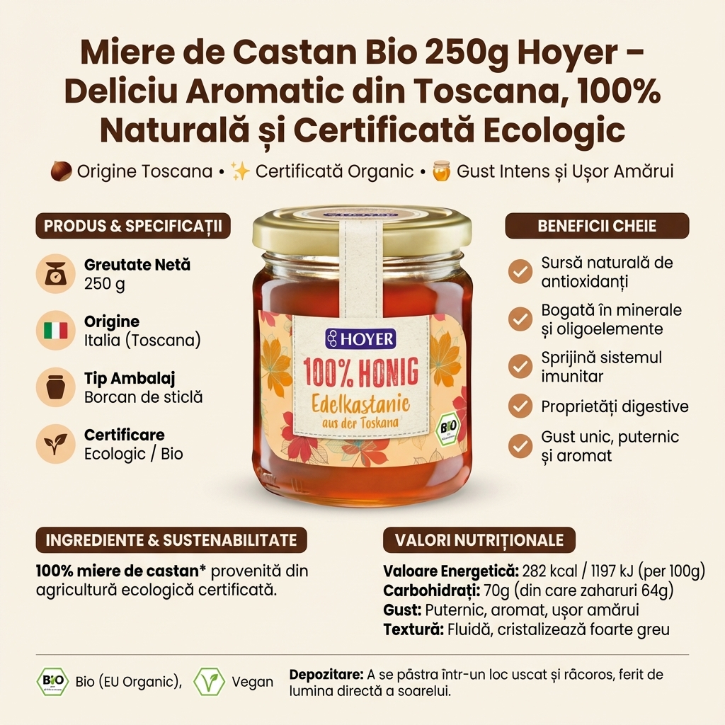 Miere de Castan Bio 250g Hoyer – Deliciu Aromatic din Toscana, 100% Naturală și Certificată Ecologic 4