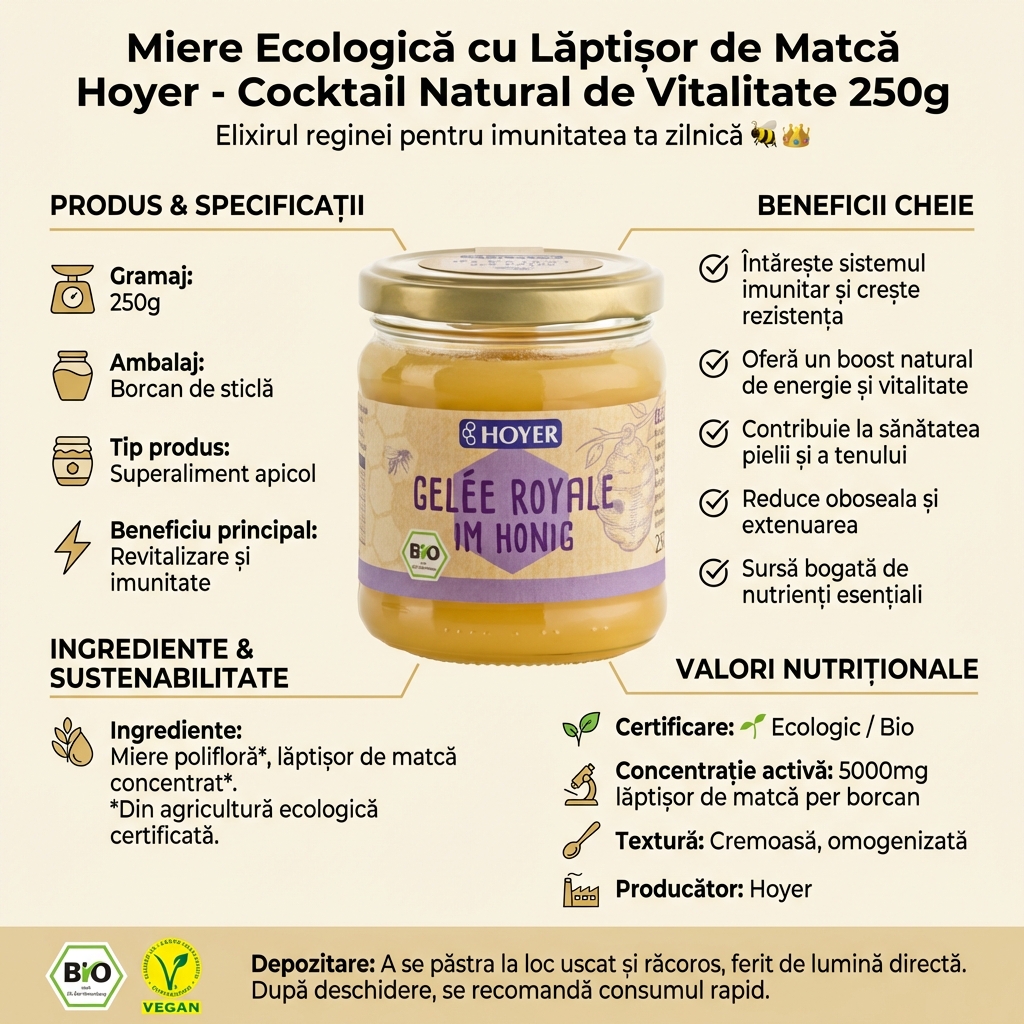 Miere Ecologică cu Lăptișor de Matcă Hoyer - Cocktail Natural de Vitalitate 250g 4