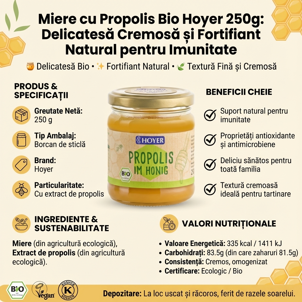 Miere cu Propolis Bio Hoyer 250g: Delicatesă Cremosă și Fortifiant Natural pentru Imunitate 4