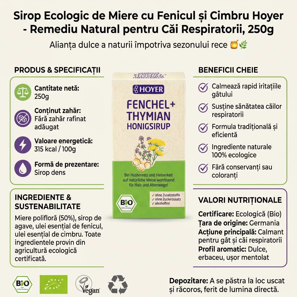 Sirop Ecologic de Miere cu Fenicul și Cimbru Hoyer - Remediu Natural pentru Căi Respiratorii, 250g 4