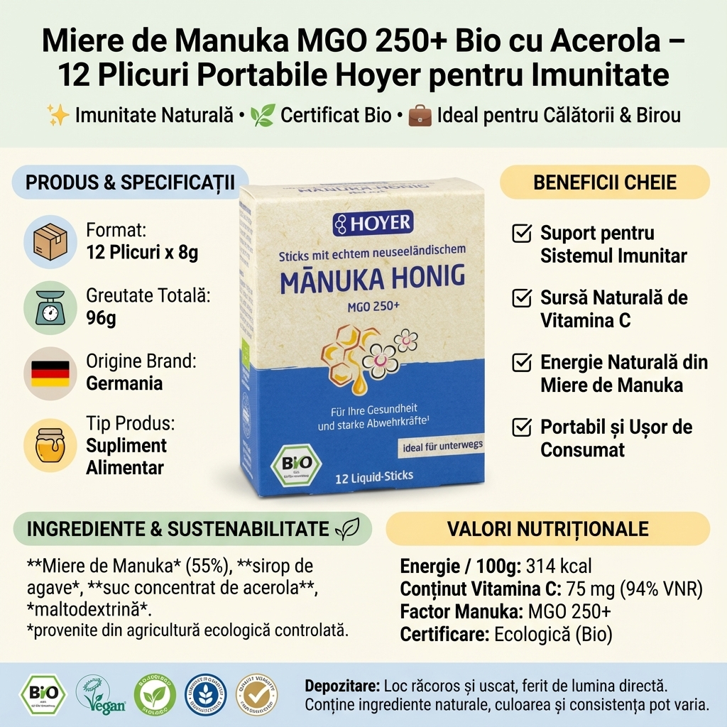 Miere de Manuka MGO 250+ Bio cu Acerola – 12 Plicuri Portabile Hoyer pentru Imunitate 4