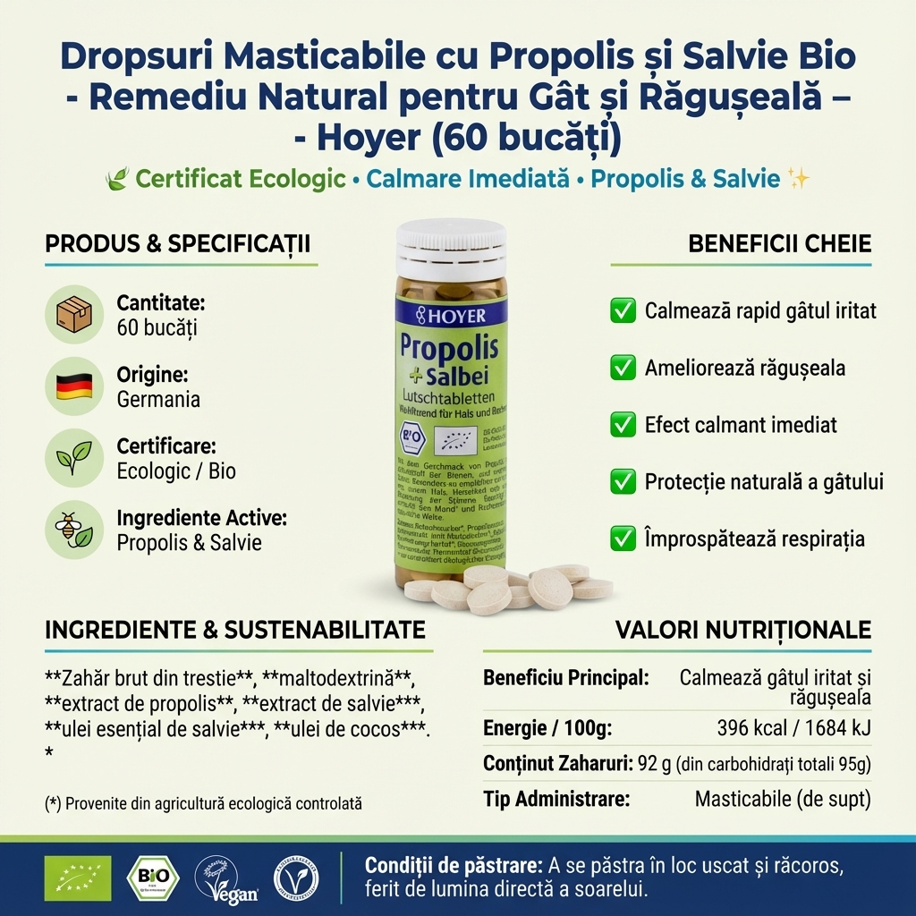 Dropsuri Masticabile cu Propolis și Salvie Bio - Remediu Natural pentru Gât și Răgușeală - Hoyer (60 bucăți) 4