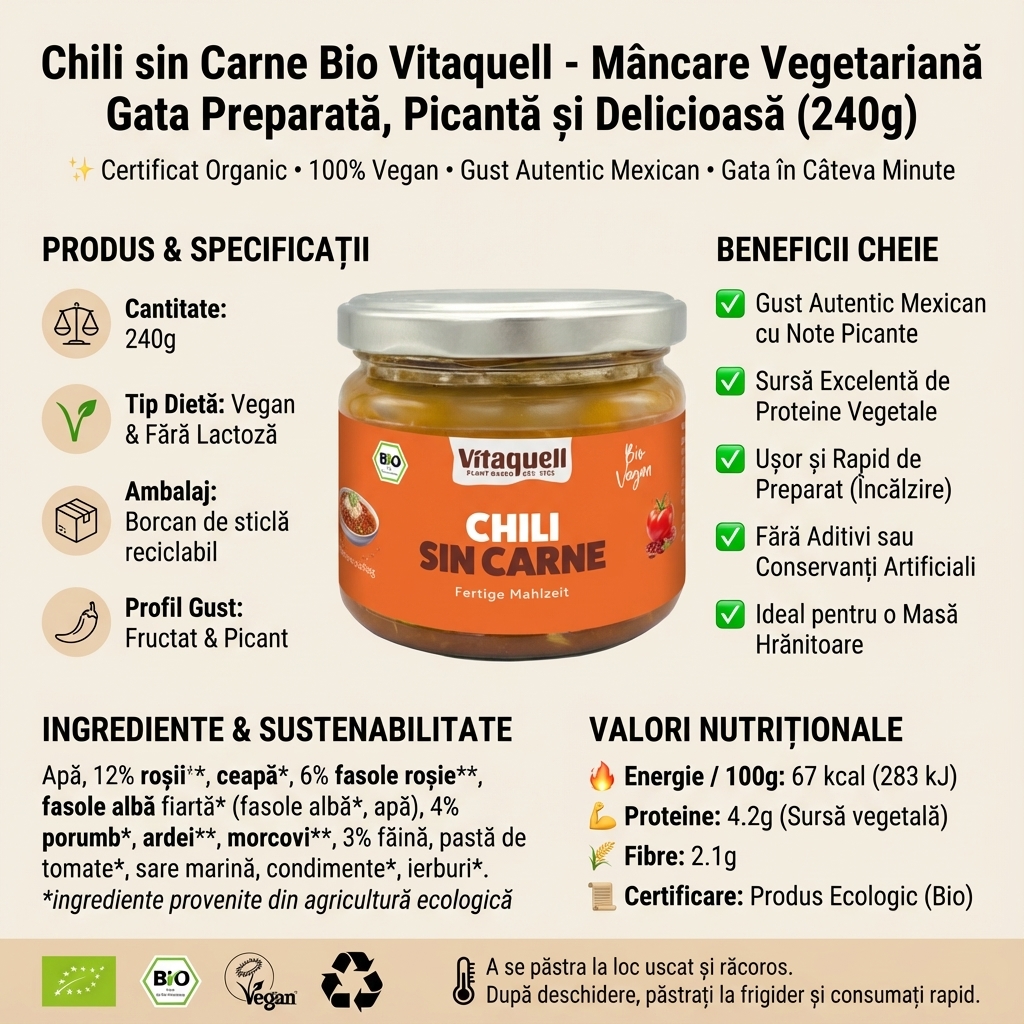 Chili sin Carne Bio Vitaquell - Mâncare Vegetariană Gata Preparată, Picantă și Delicioasă (240g) 4