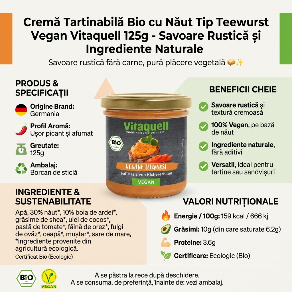 Cremă Tartinabilă Bio cu Năut Tip Teewurst Vegan Vitaquell 125g - Savoare Rustică și Ingrediente Naturale 4