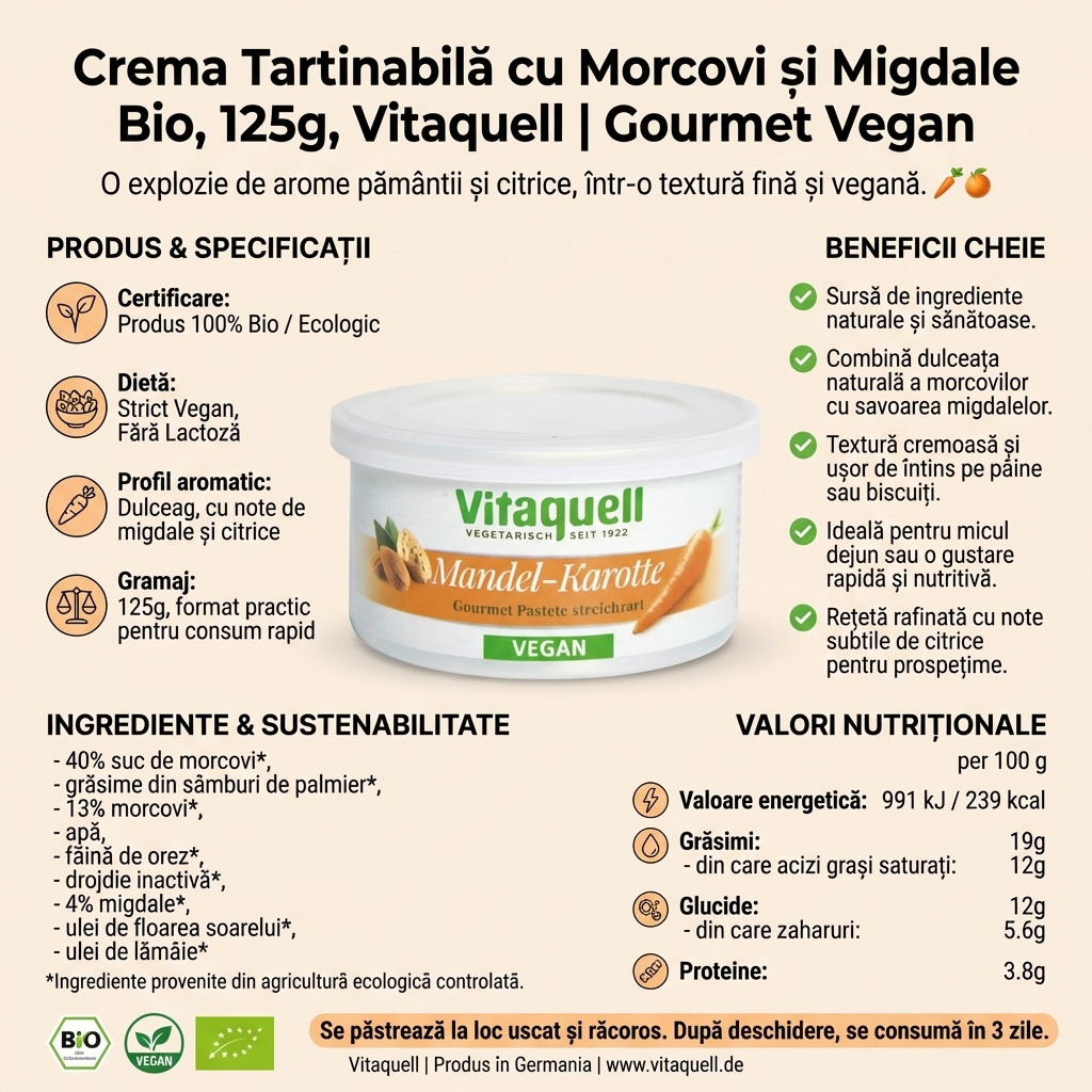 Crema Tartinabilă cu Morcovi și Migdale Bio, 125g, Vitaquell | Gourmet Vegan 4