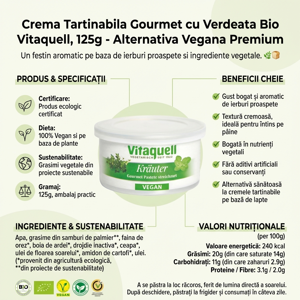 Crema Tartinabila Gourmet cu Verdeata Bio Vitaquell, 125g - Alternativa Vegana Premium 4