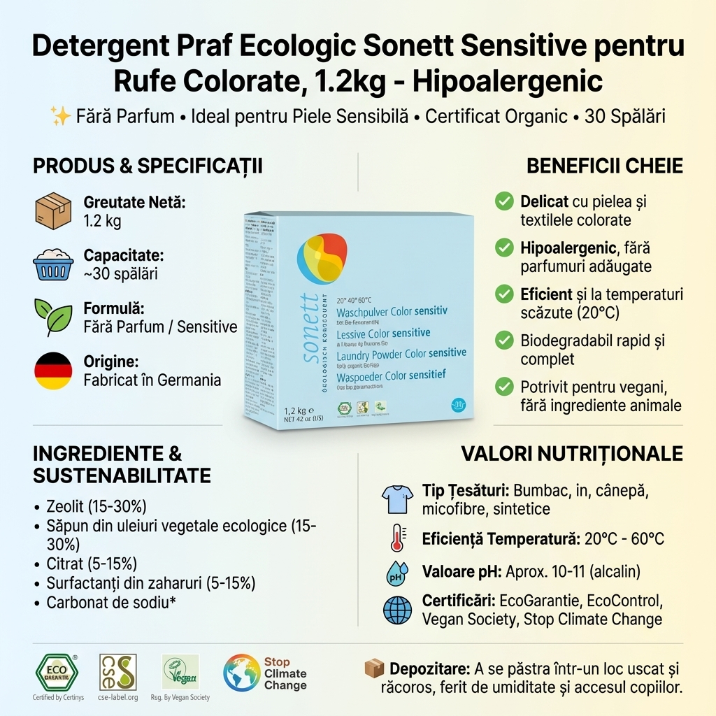 Detergent Praf Ecologic Sonett Sensitive pentru Rufe Colorate, 1.2kg - Hipoalergenic 4