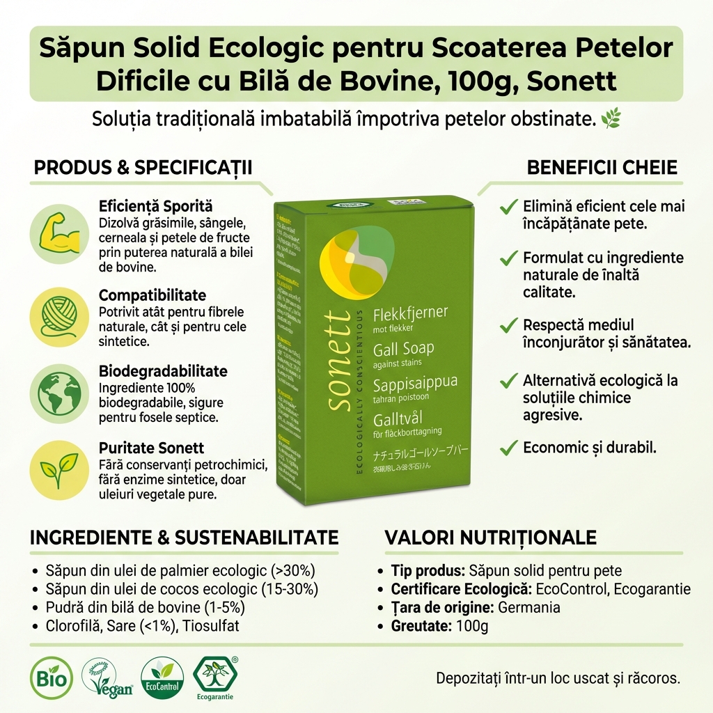 Săpun Solid Ecologic pentru Scoaterea Petelor Dificile cu Bilă de Bovine, 100g, Sonett 4