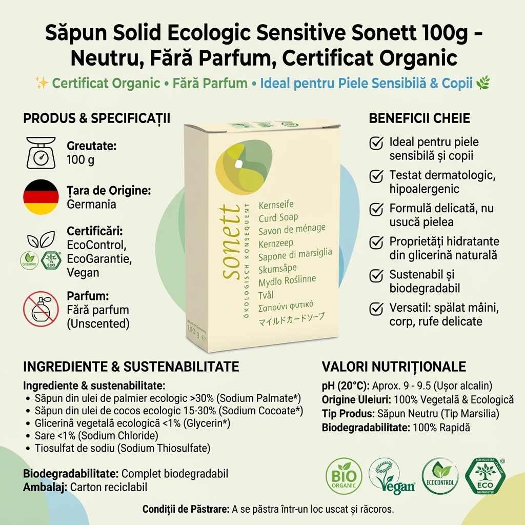 Săpun Solid Ecologic Sensitive Sonett 100g - Neutru, Fără Parfum, Certificat Organic 4