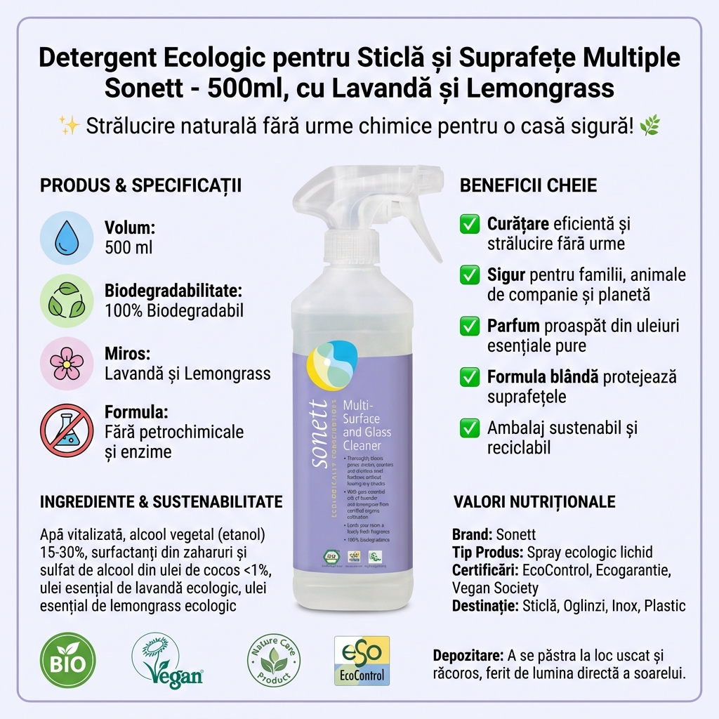 Detergent Ecologic pentru Sticlă și Suprafețe Multiple Sonett - 500ml, cu Lavandă și Lemongrass 4