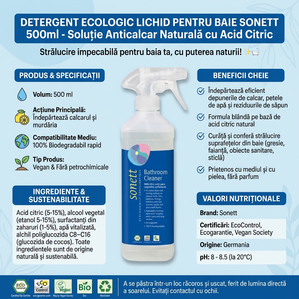 Detergent Ecologic Lichid pentru Baie Sonett 500ml - Soluție Anticalcar Naturală cu Acid Citric 4