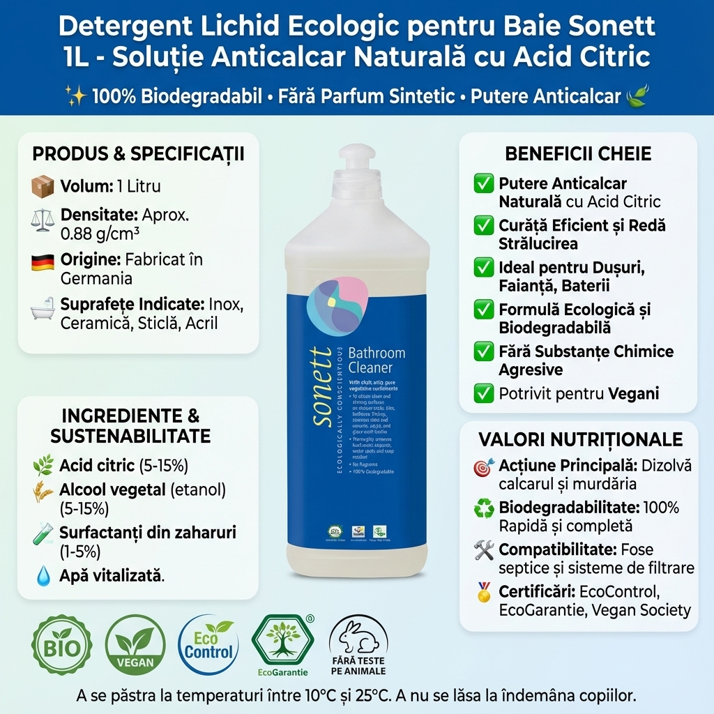 Detergent Lichid Ecologic pentru Baie Sonett 1L - Soluție Anticalcar Naturală cu Acid Citric 4
