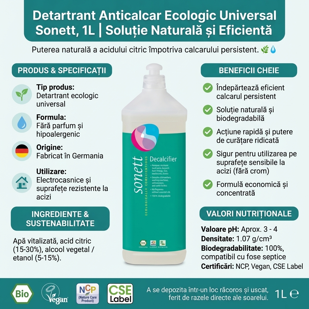 Detartrant Anticalcar Ecologic Universal Sonett, 1L | Soluție Naturală și Eficientă 4