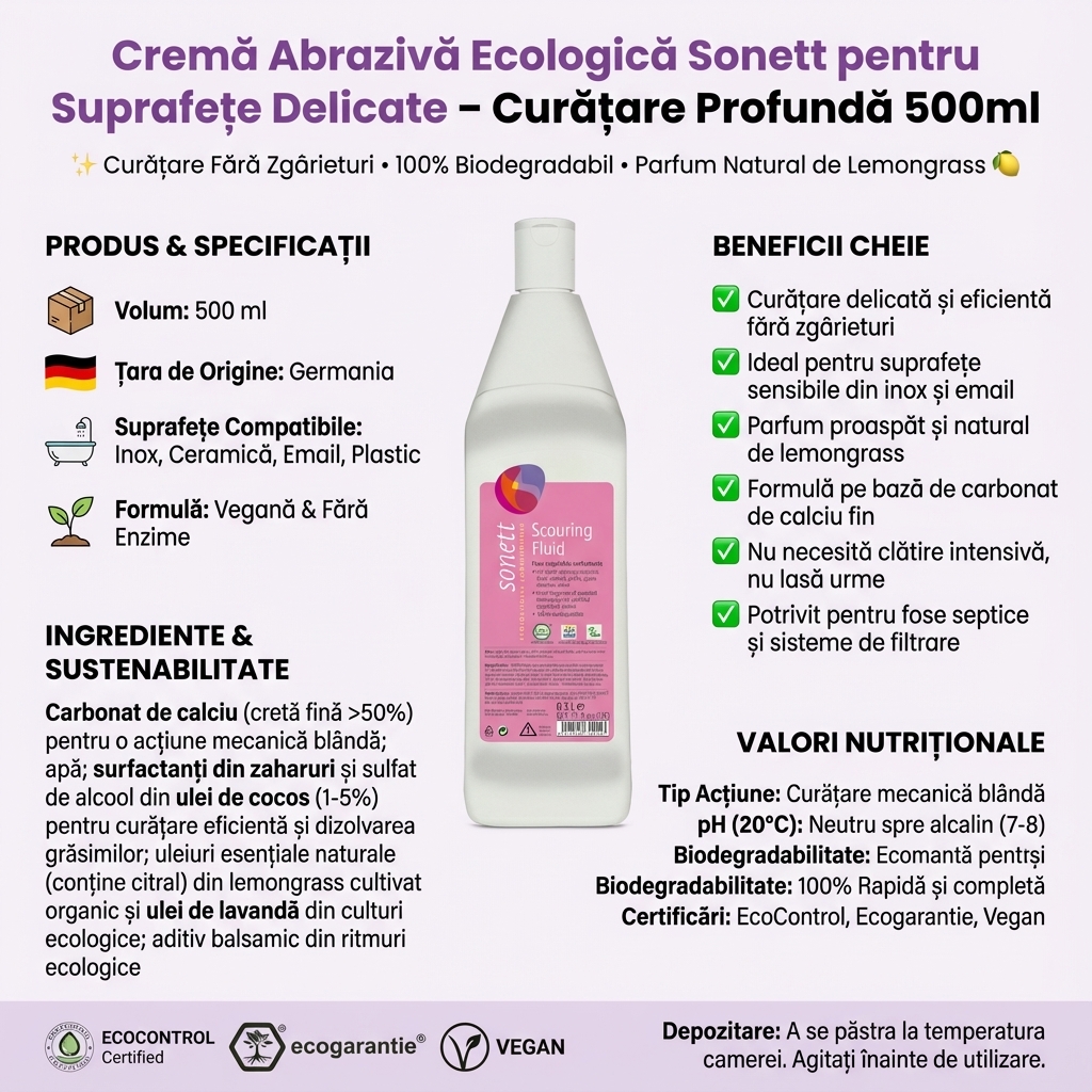 Cremă Abrazivă Ecologică Sonett pentru Suprafețe Delicate – Curățare Profundă 500ml 4