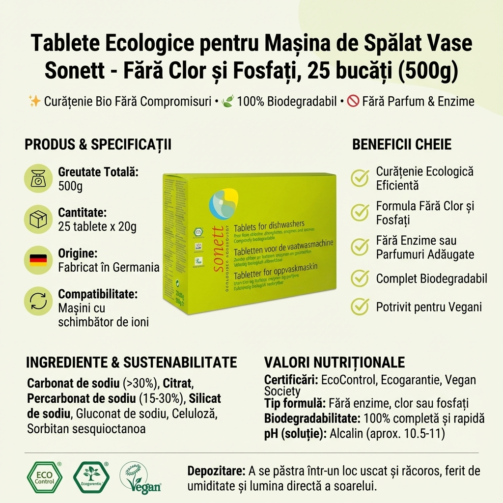 Tablete Ecologice pentru Mașina de Spălat Vase Sonett - Fără Clor și Fosfați, 25 bucăți (500g) 4