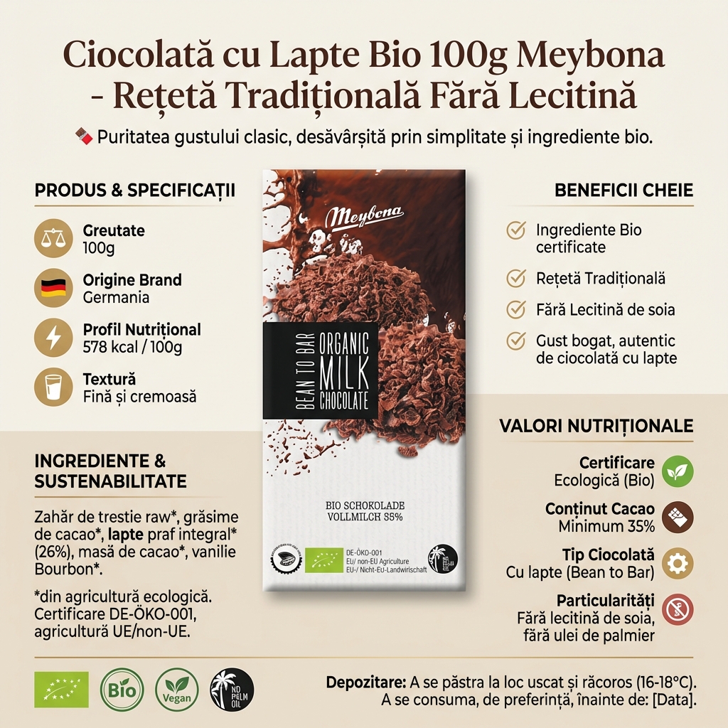 Ciocolată cu Lapte Bio 100g Meybona - Rețetă Tradițională Fără Lecitină 4