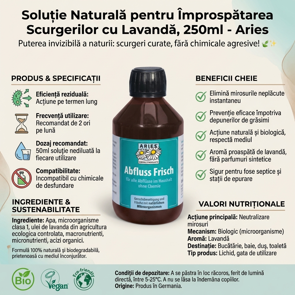 Soluție Naturală pentru Împrospătarea Scurgerilor cu Lavandă, 250ml - Aries 4