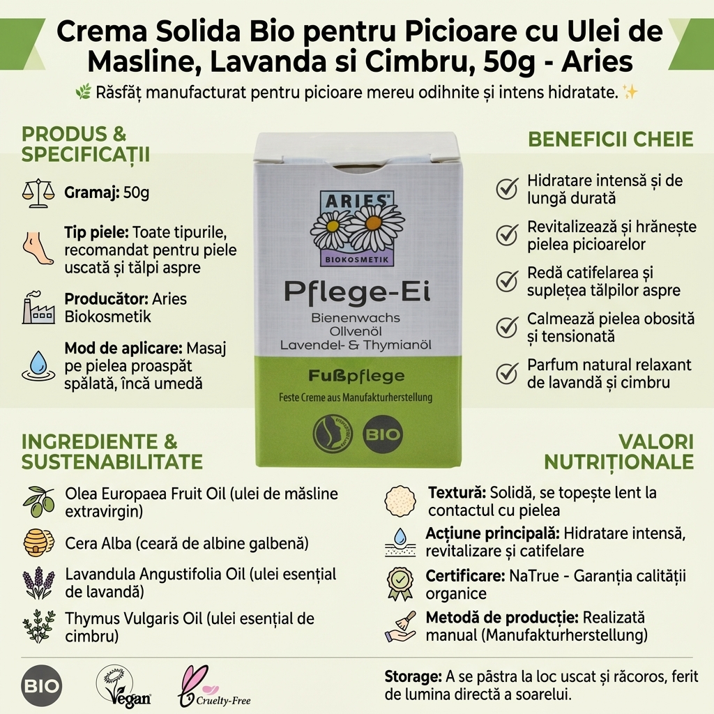 Crema Solida Bio pentru Picioare cu Ulei de Masline, Lavanda si Cimbru, 50g - Aries 4
