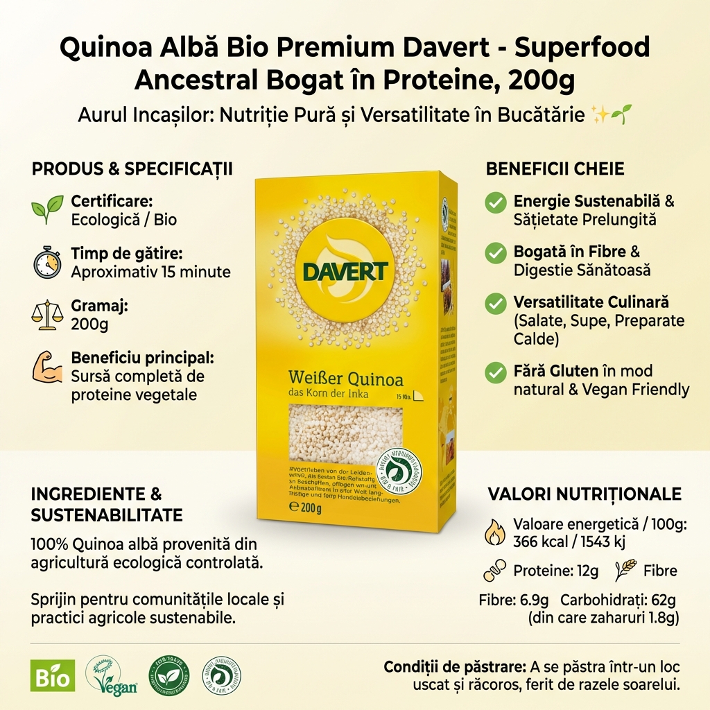 Quinoa Albă Bio Premium Davert - Superfood Ancestral Bogat în Proteine, 200g 4