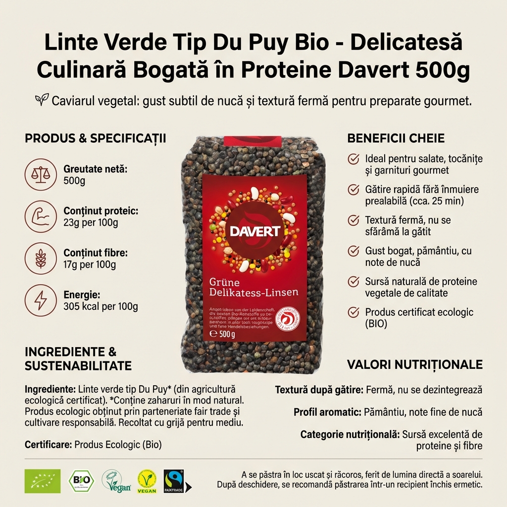 Linte Verde Tip Du Puy Bio - Delicatesă Culinară Bogată în Proteine Davert 500g 4