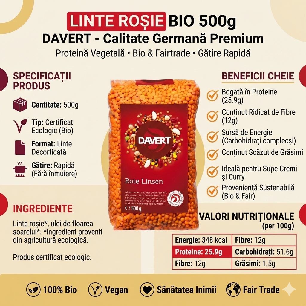 Linte Roșie Bio Davert 500g - Sursă Premium de Proteine Vegetale și Fibre pentru Rețete Nutritive 4
