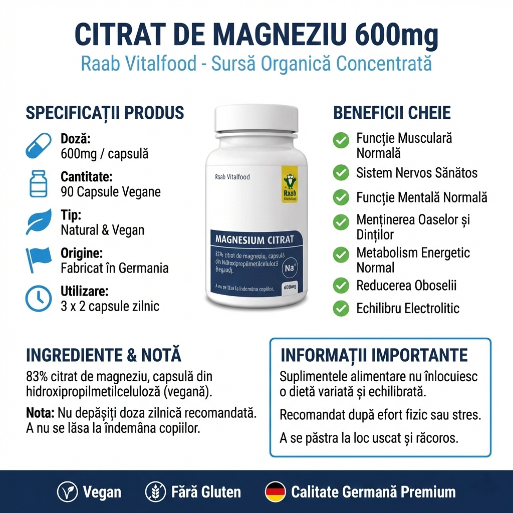 Citrat de Magneziu 600mg Raab Vitalfood – 90 Capsule Vegane pentru Sănătate Musculară și Sistem Nervos 4