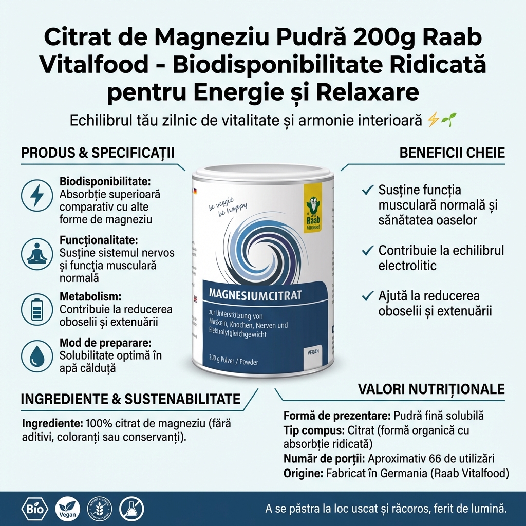 Citrat de Magneziu Pudră 200g Raab Vitalfood - Biodisponibilitate Ridicată pentru Energie și Relaxare 4