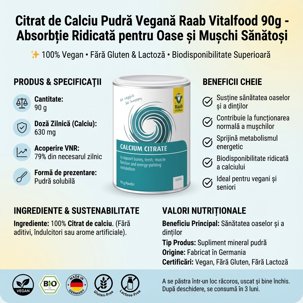 Citrat de Calciu Pudră Vegană Raab Vitalfood 90g - Absorbție Ridicată pentru Oase și Mușchi Sănătoși 4