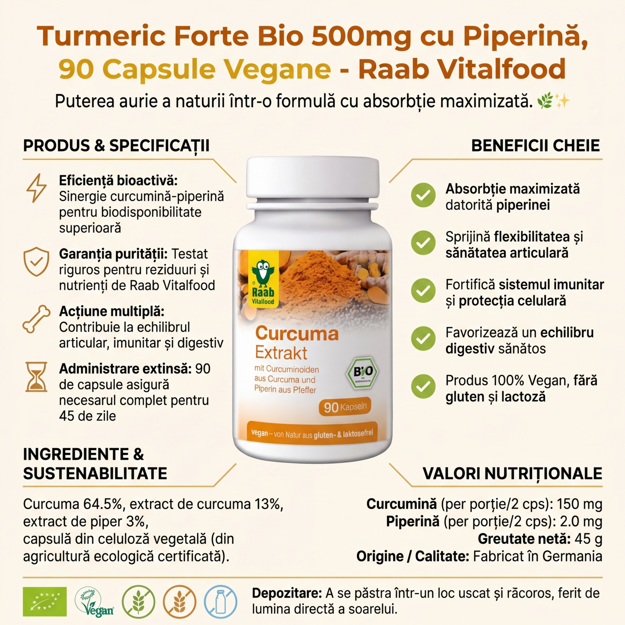 Turmeric Forte Bio 500mg cu Piperină, 90 Capsule Vegane - Raab Vitalfood 4