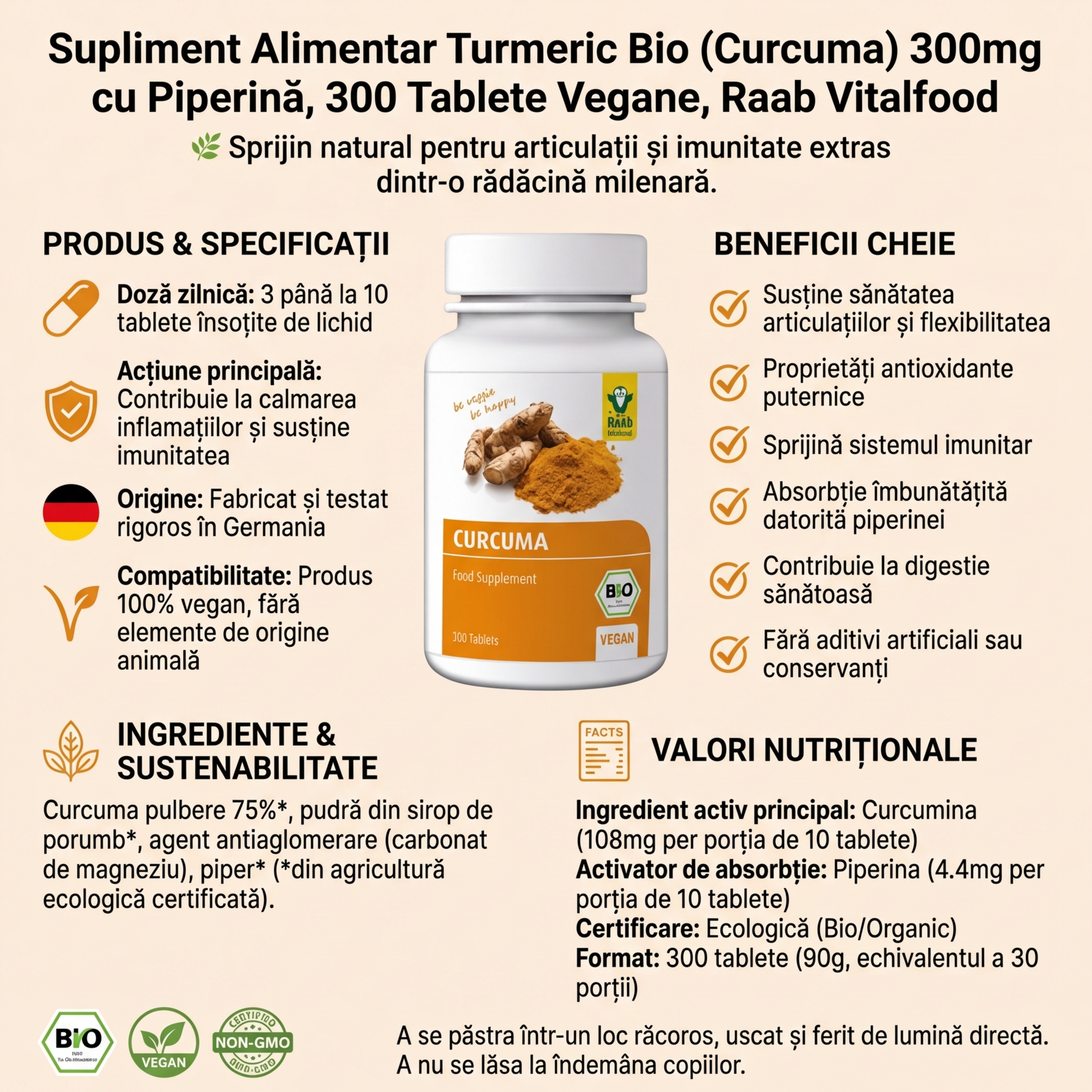 Supliment Alimentar Turmeric Bio (Curcuma) 300mg cu Piperină, 300 Tablete Vegane, Raab Vitalfood 4