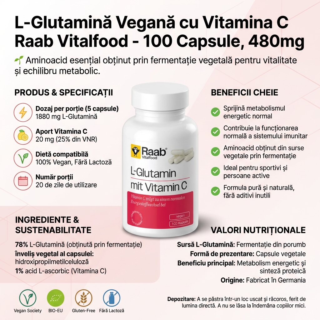 L-Glutamină Vegană cu Vitamina C Raab Vitalfood - 100 Capsule, 480mg 4