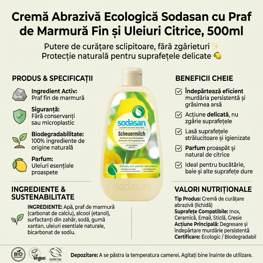 Cremă Abrazivă Ecologică Sodasan cu Praf de Marmură Fin și Uleiuri Citrice, 500ml 4