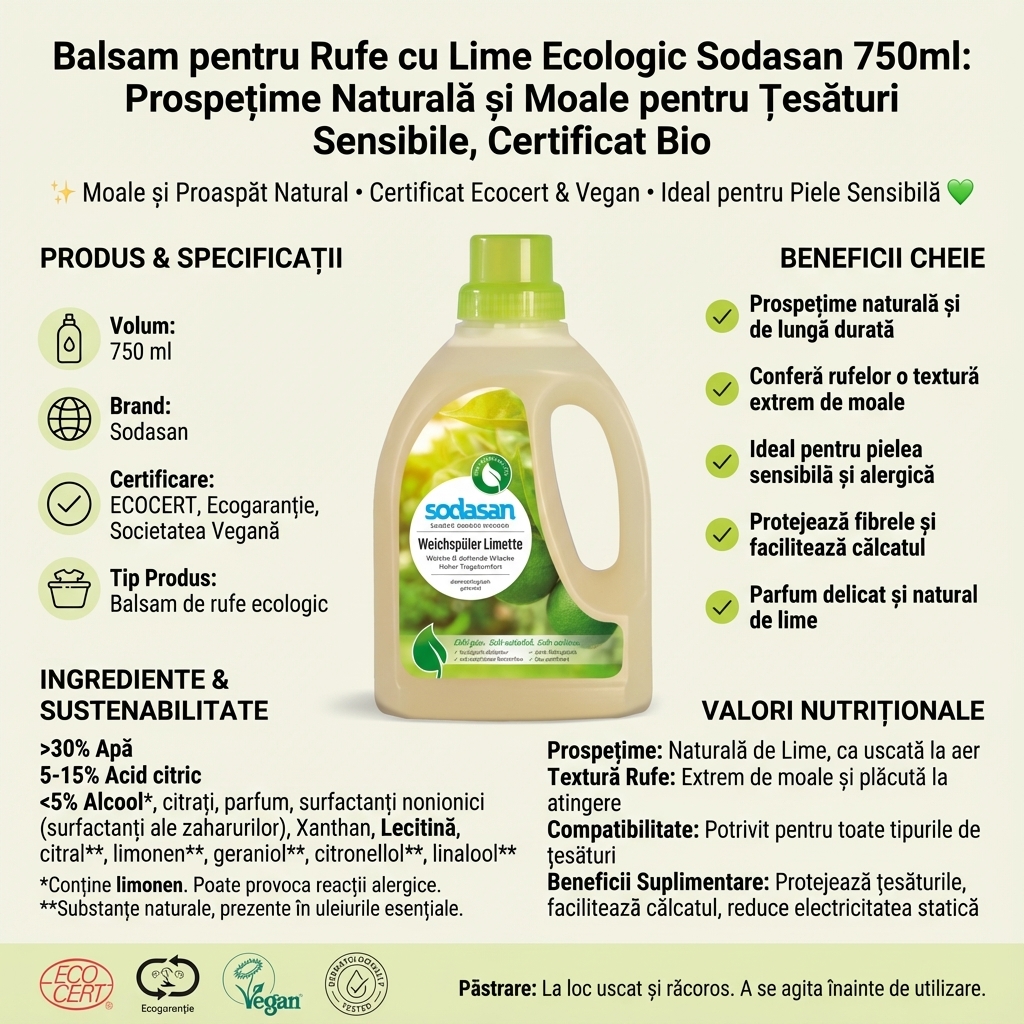 Balsam pentru Rufe cu Lime Ecologic Sodasan 750ml: Prospețime Naturală și Moale pentru Țesături Sensibile, Certificat Bio 4